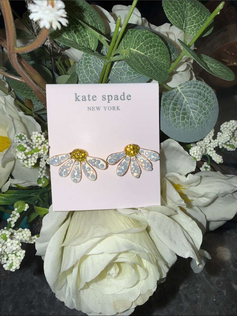 kate spade Floral Crystal Daisy Earrings in White and Gold
